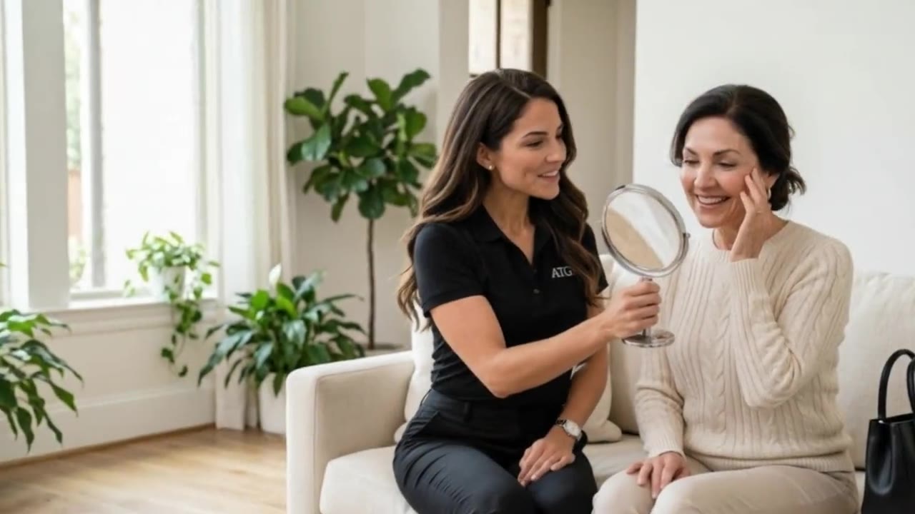 A licensed professional sitting with a client at home, holding up a hand mirror as they talk.
