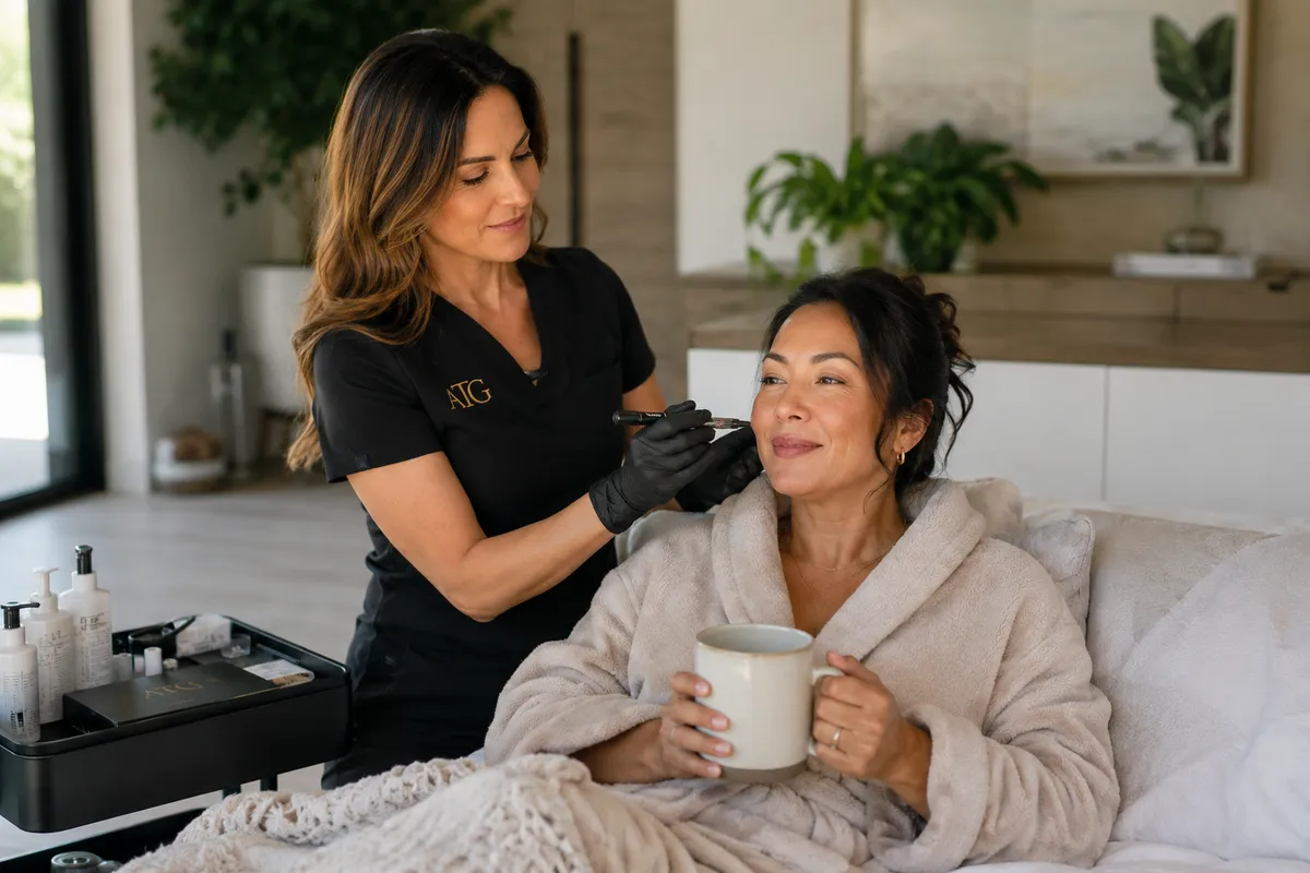 Patient relaxing comfortably at home during a concierge aesthetic visit.