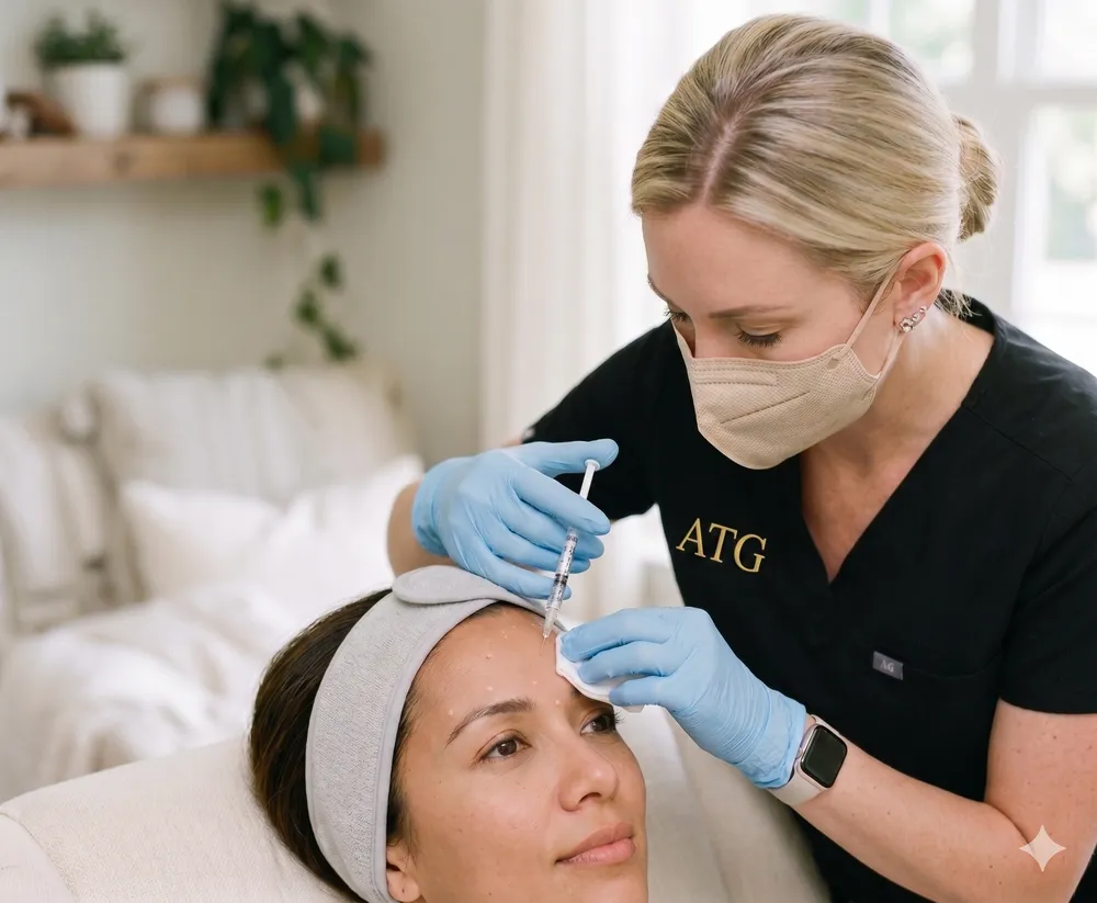 Gloved licensed provider performing a precise neurotoxin treatment during an in-home visit.